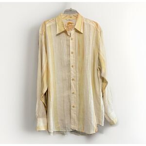 Tommy Bahama Men Linen Shirt‎ Button Yellow Stripe Beach Coastal Long Slv Large